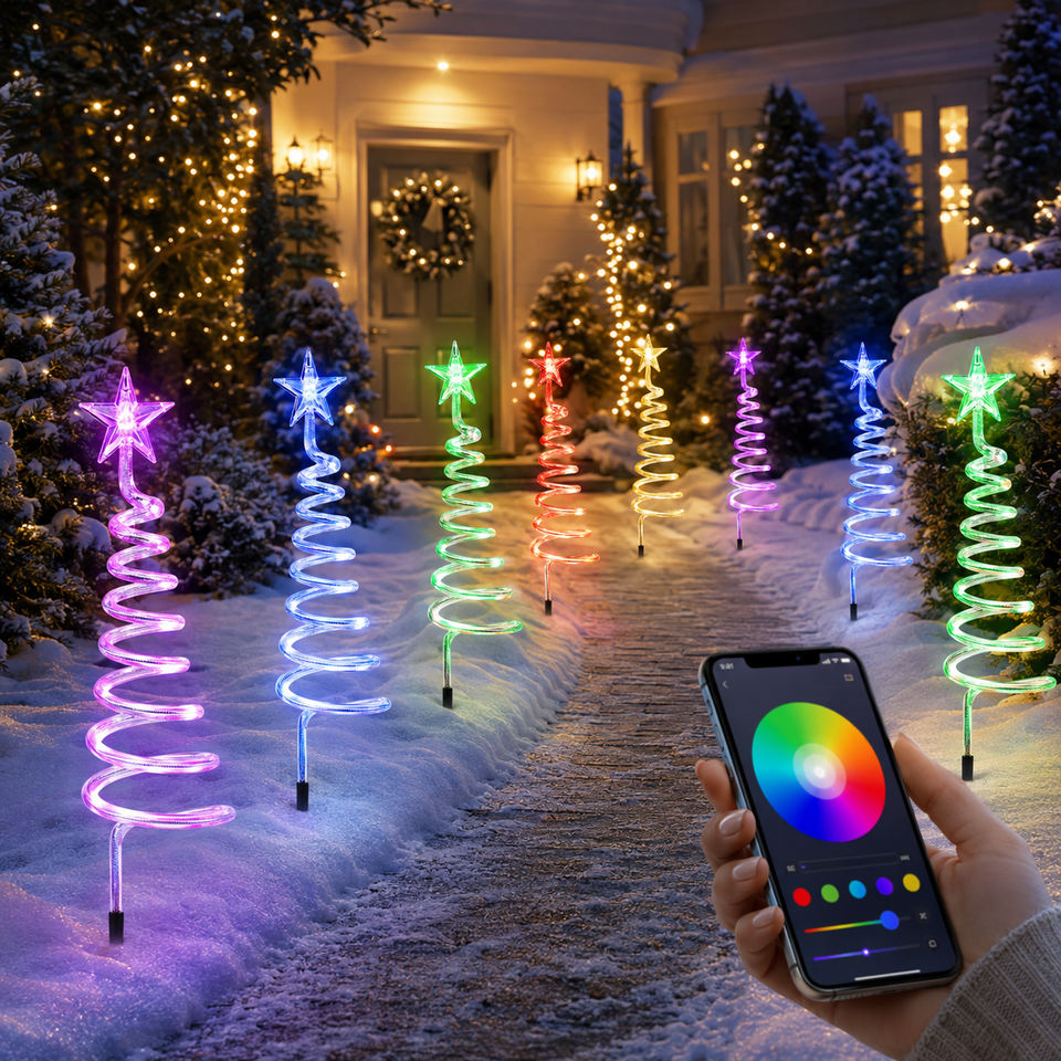 App-controlled RGB Christmas pathway tree lights glowing along a snowy walkway