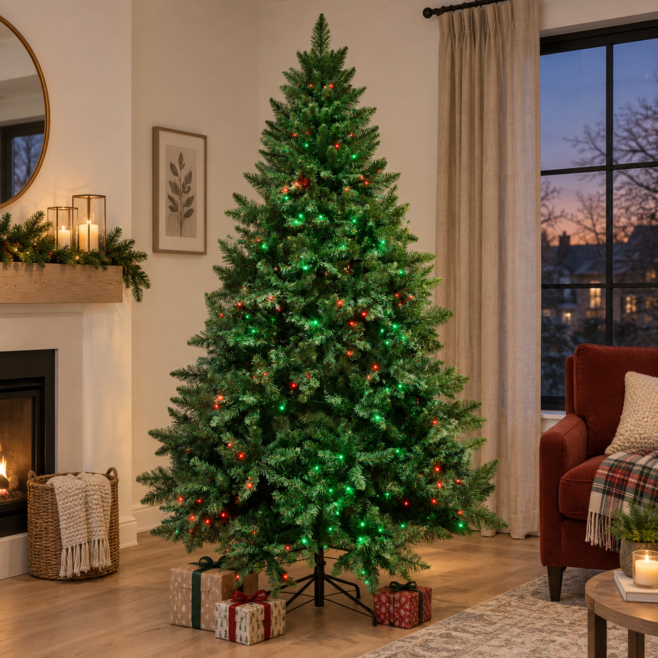 Smart RGB pre-lit Christmas tree glowing red and green in a holiday living room