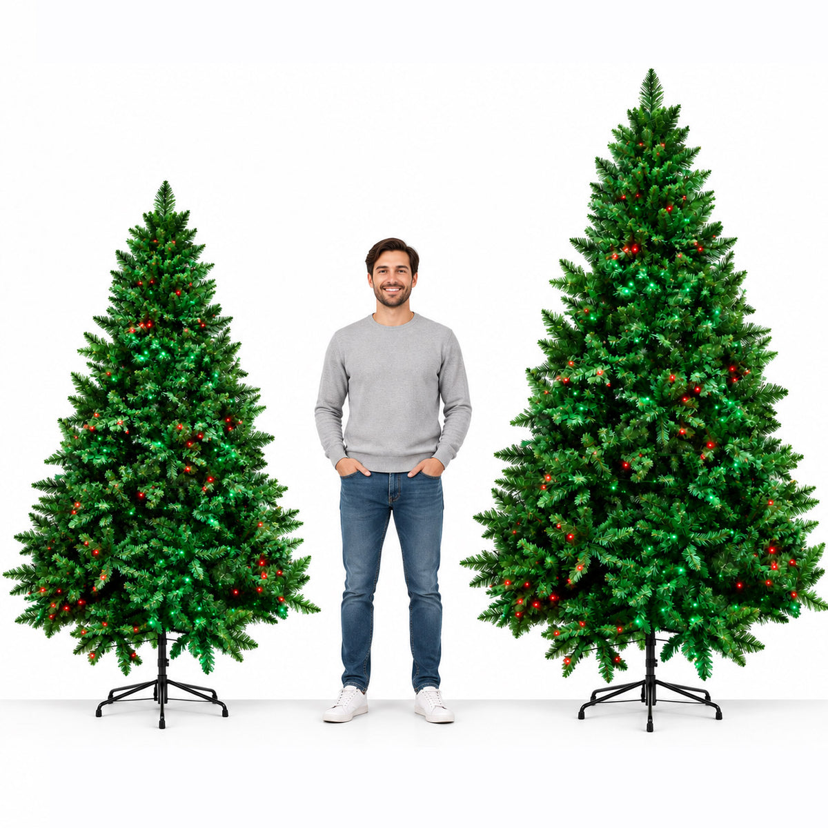 6 ft and 7.5 ft Christmas trees shown beside a person for height comparison
