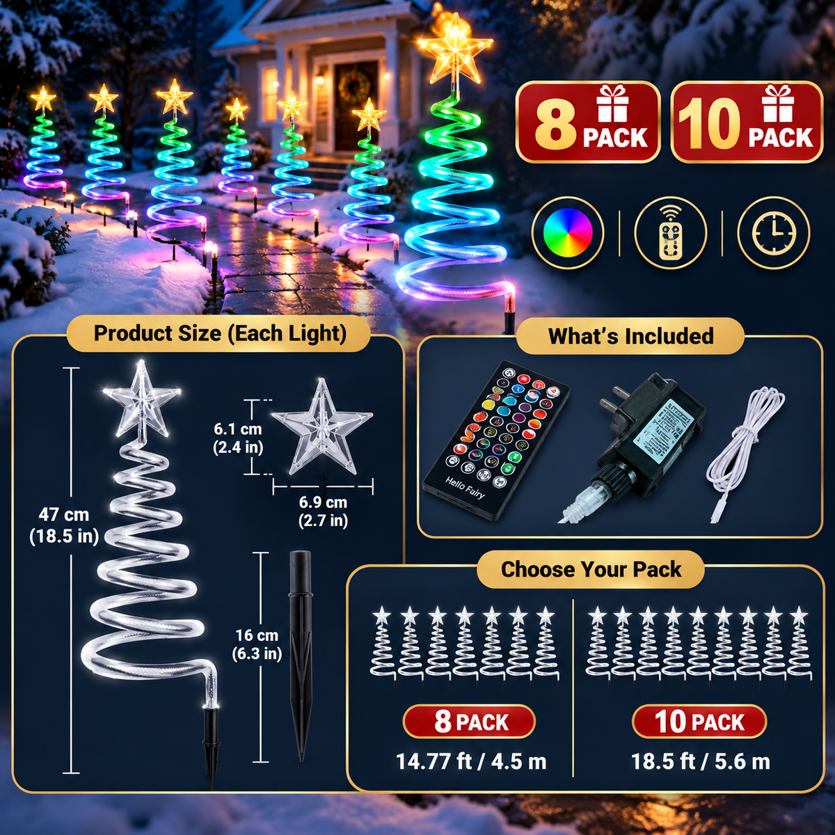 Pathway light dimensions, included accessories, and 8 Pack and 10 Pack cable lengths