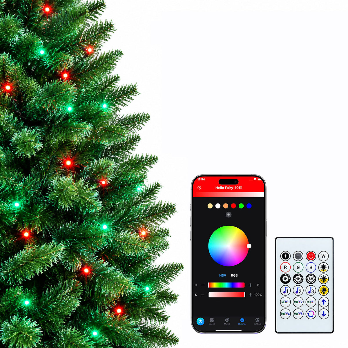 Hello Fairy App and included remote with controls for colors, brightness and lighting effects