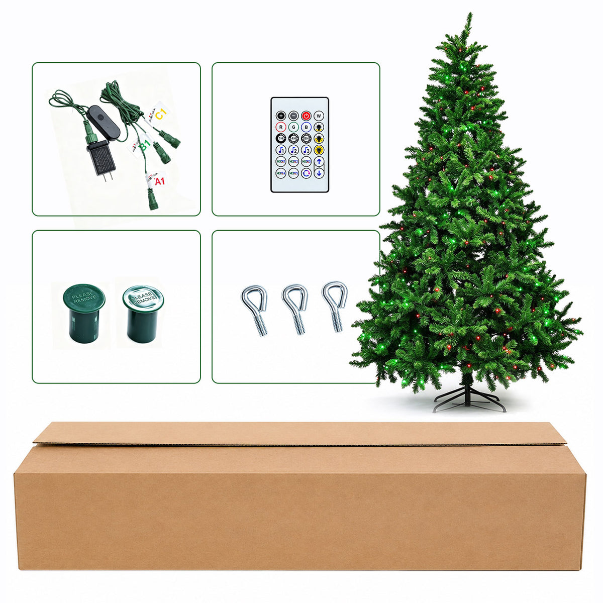 Pre-lit Christmas tree with metal stand, remote, power adapter, cables, small accessories and a cardboard shipping box