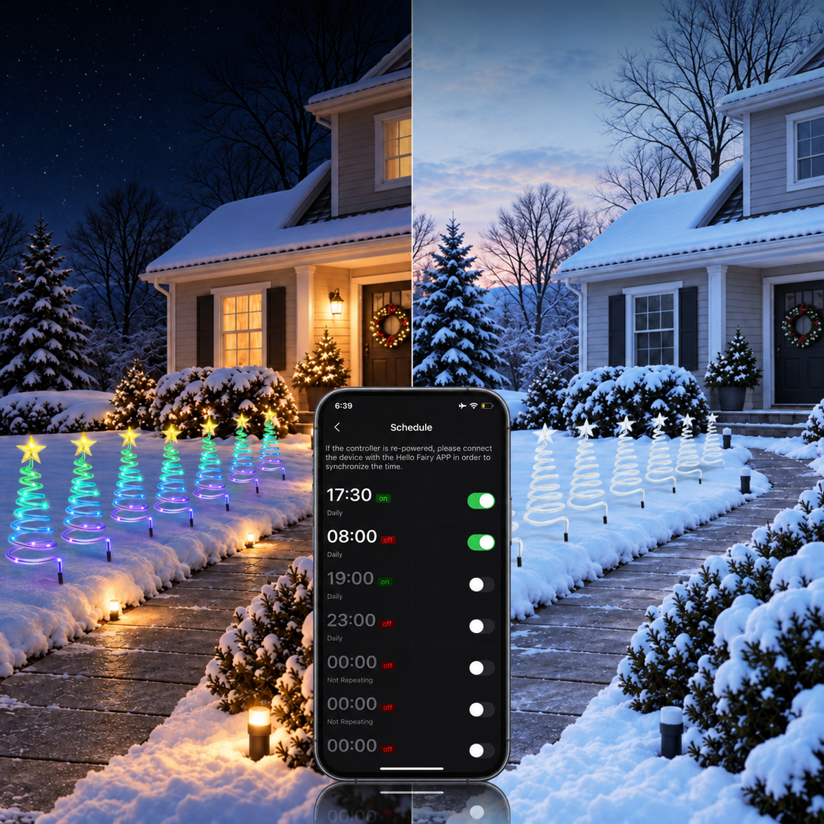 Hello Fairy app on and off schedules for pathway lights shown at night and during the day