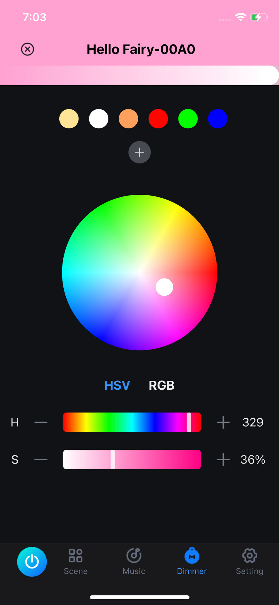 Actual Hello Fairy App color-picker screen with preset colors and color wheel