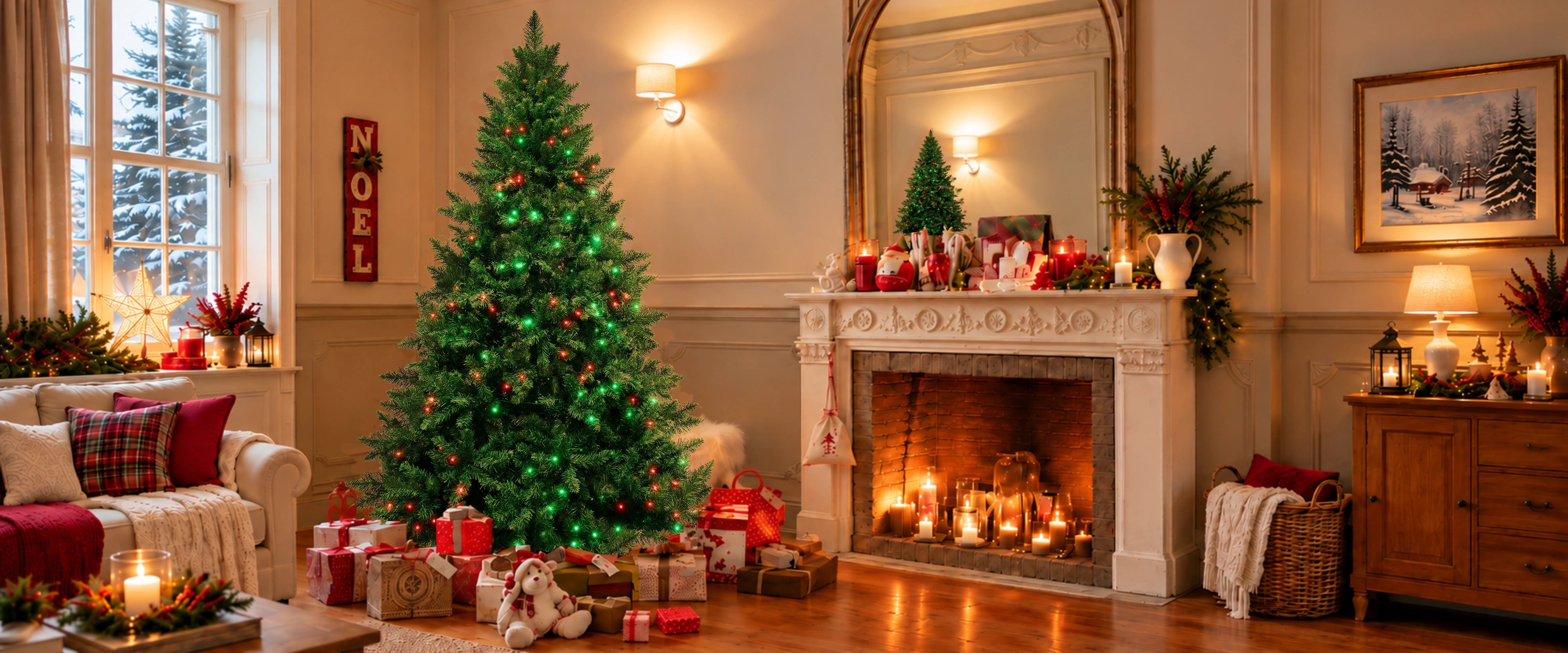 A Christmas tree with colorful lights beside a candlelit fireplace and wrapped gifts.