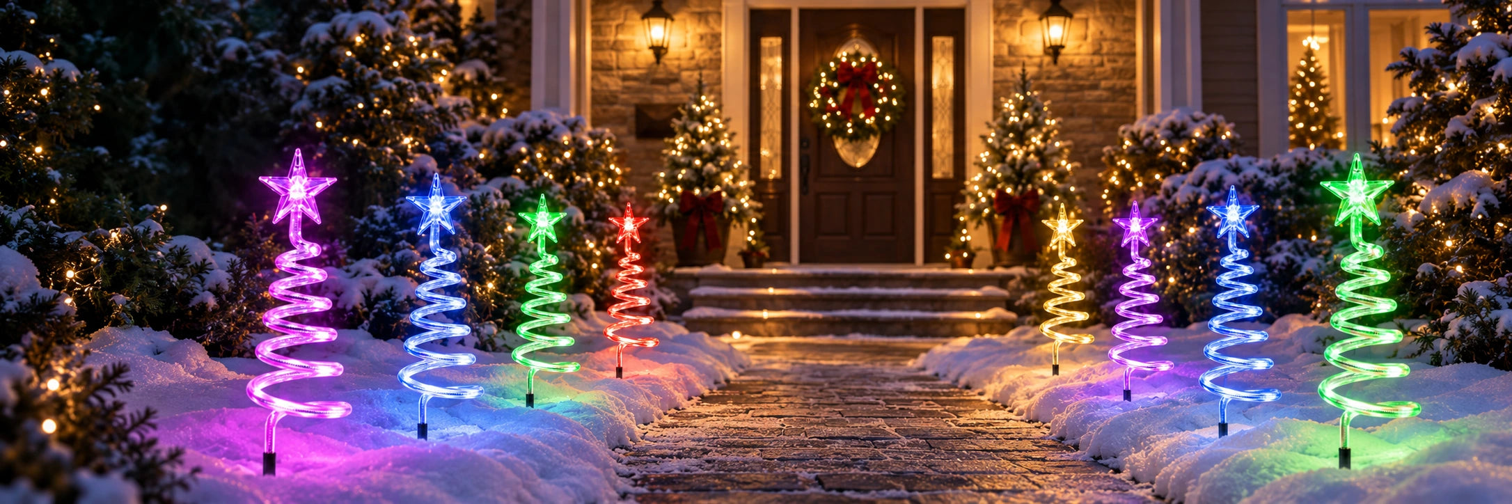 Eight colorful star-topped Christmas pathway lights lining a snowy walkway to a warmly lit front door